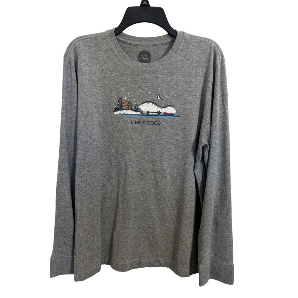 Life is Good Men’s Gray Crusher Tee Size Medium Winter Lake Christmas Holiday